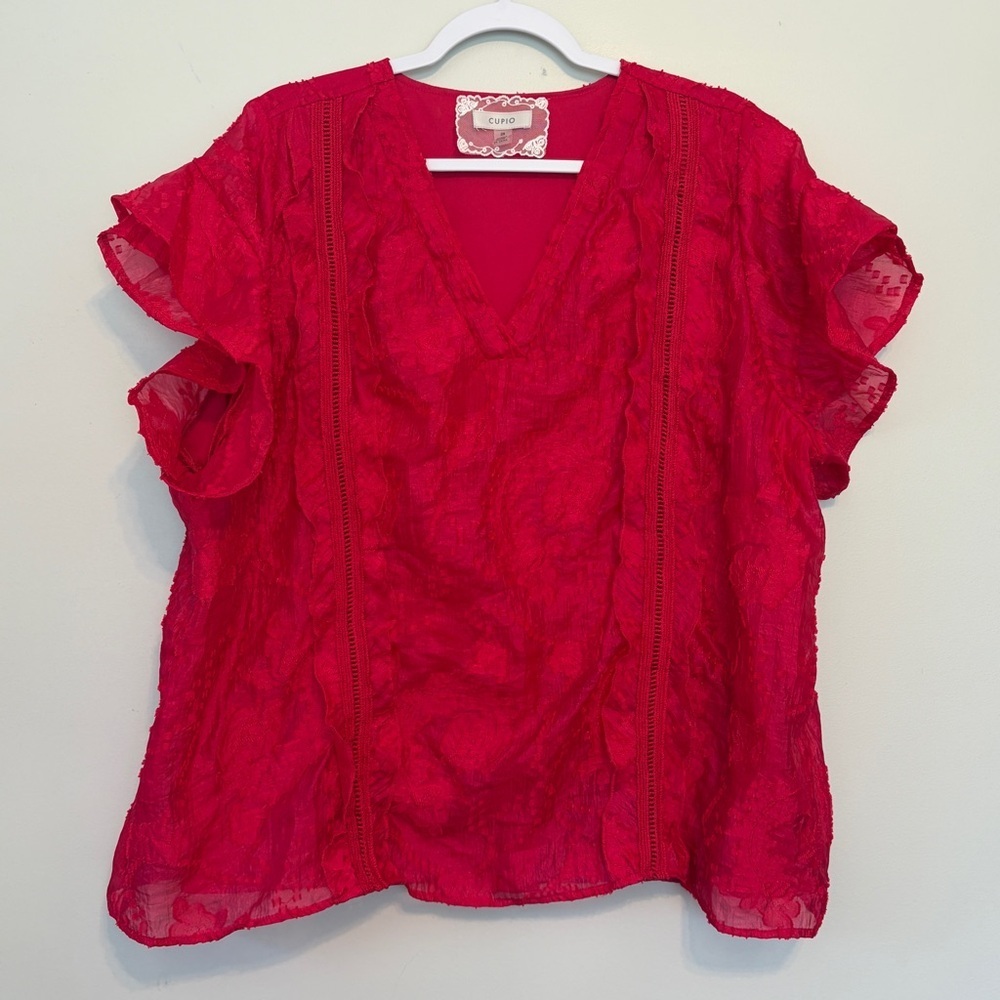 Cupio Hot Pink V-Neck Ruffle Sleeve Blouse